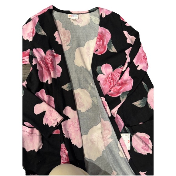 LuLaRoe Size Small Caroline Cardigan Shirt NWT Pink Floral Black Background - Picture 5 of 6